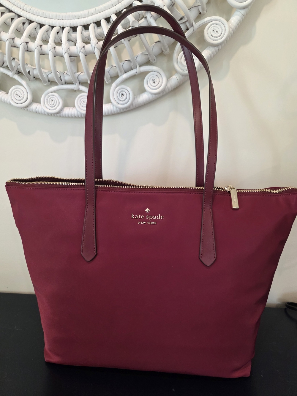 kate spade burgundy tote with gold hardware